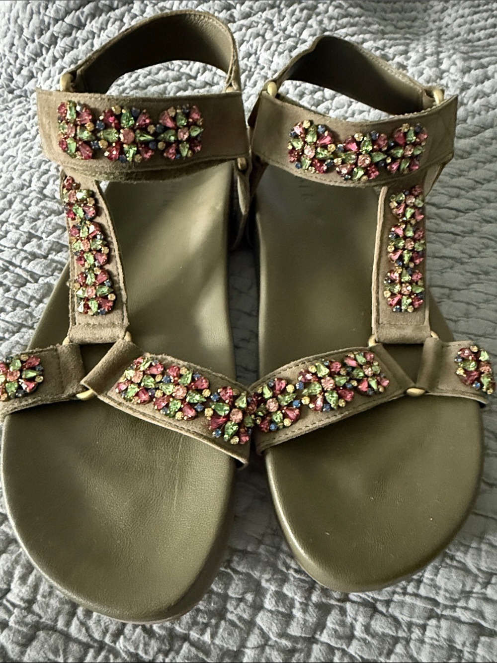 Boden Olive Green Jeweled T-Strap Sandals